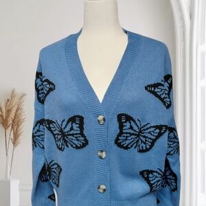 Blue Butterfly Patterned Women's Sweater  (F20)